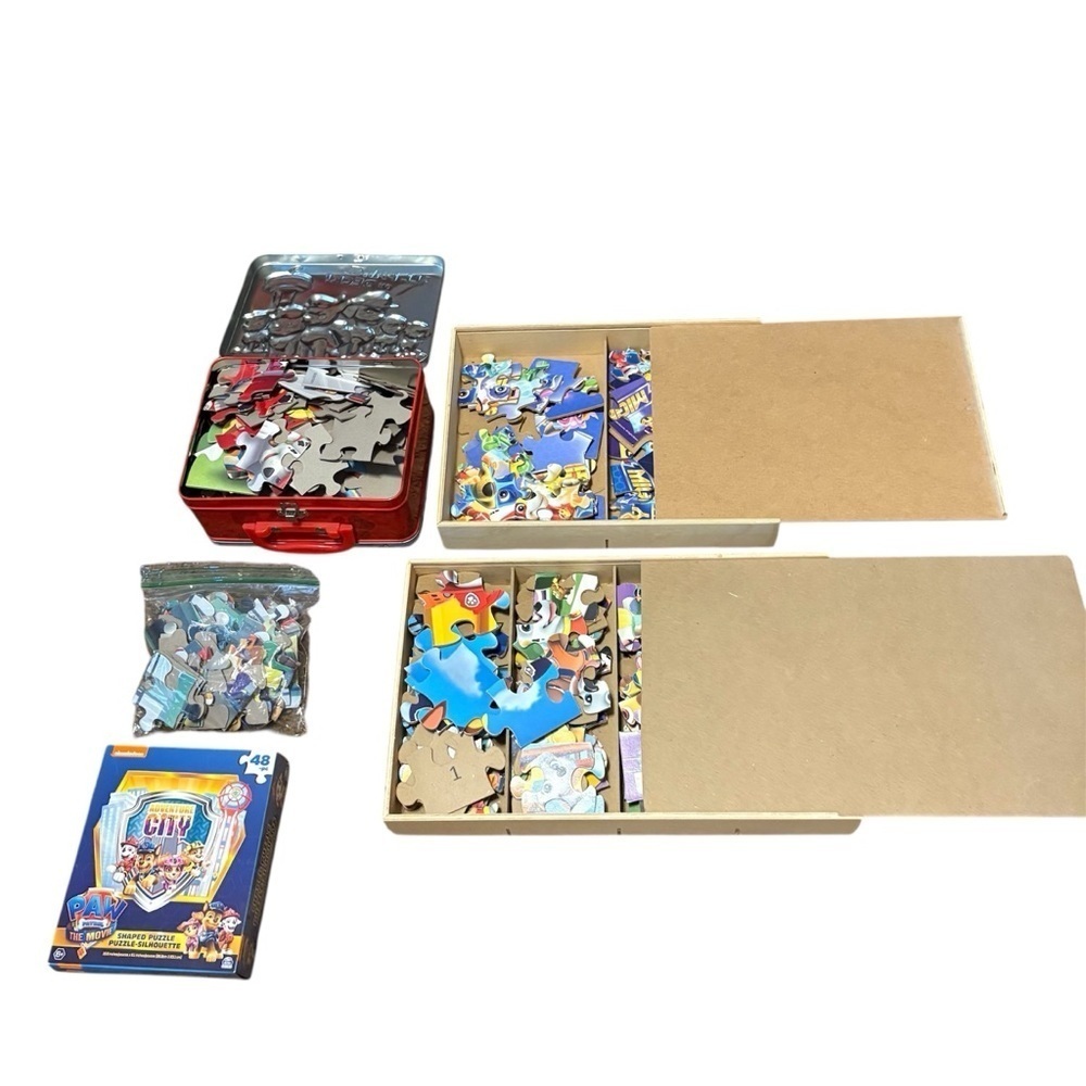 Paw Patrol Colorful Puzzle Set Bundle with Tin & Wooden Box Lot Metal